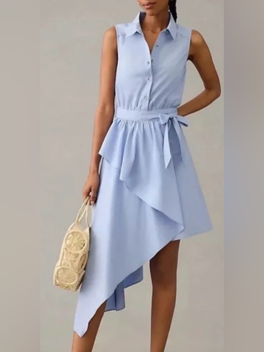 Anthropologie Light Blue Sleeveless High-Low Dress with Waist Tie